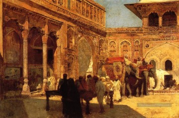 Éléphants et personnages dans une cour Fort Agra Arabian Edwin Lord Weeks Peinture à l'huile